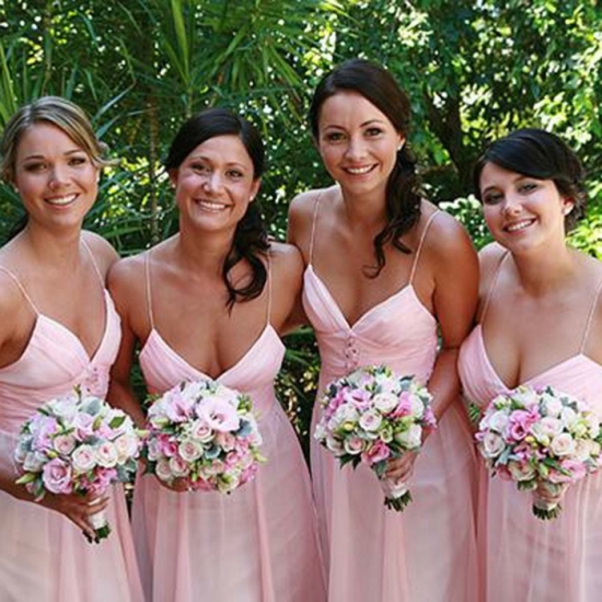 A-Line Spaghetti Straps Pink Chiffon Bridesmaid Dress with Ruffles - Click Image to Close