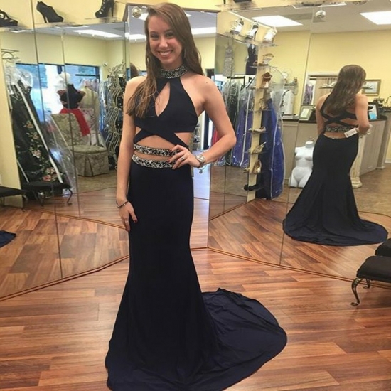 Two Piece Round Neck Sweep Train Navy Blue Prom Dress with Beading - Click Image to Close