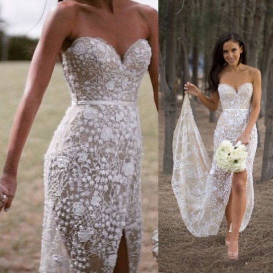 Elegant Sweetheart Mermaid Lace Wedding Dress with Slit Sash - Click Image to Close