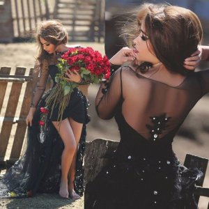 Sexy Black Hi-Low Shorts Prom Party Dress with Long Sleeves for Women