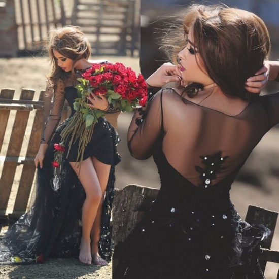 Sexy Black Hi-Low Shorts Prom Party Dress with Long Sleeves for Women - Click Image to Close