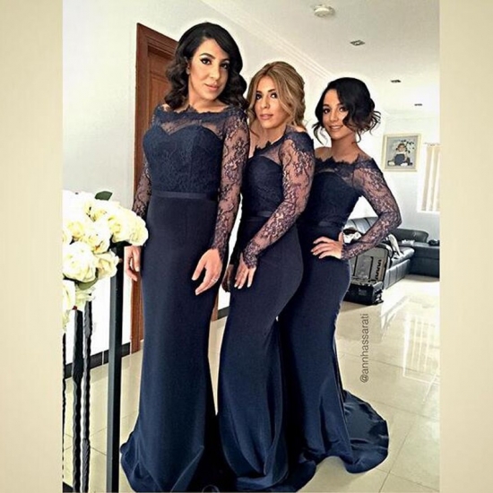 Fabulous Off-the-shoulder Long Sleeves Dark Navy Bridesmaid Dress with Lace - Click Image to Close