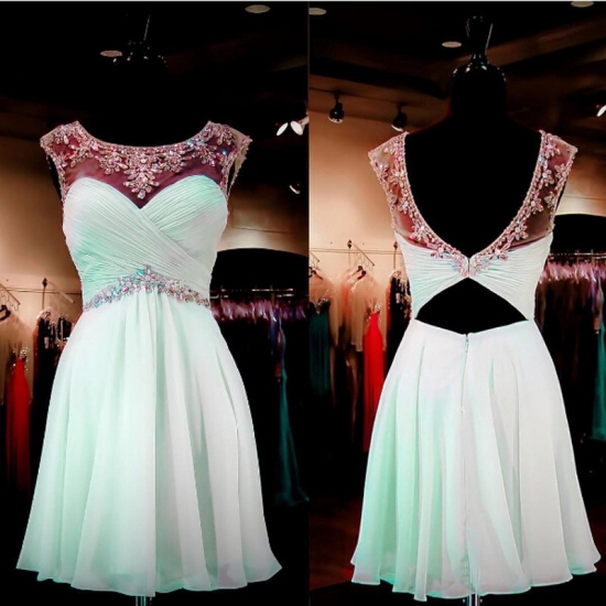 Fabulous Bateau Cap Sleeves Open Back Short Mint Homecoming Dress Beading Rhinestones - Click Image to Close