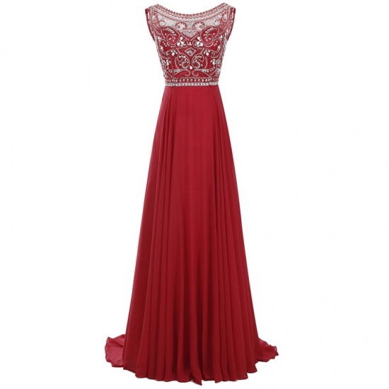 A-Line Bateau Sweep Train Pleated Beaded Prom Dress with Rhinestones - Click Image to Close