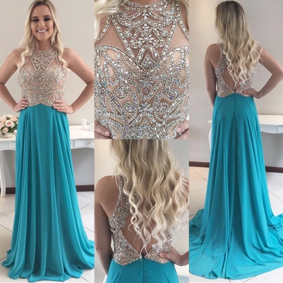 Blue Open Back Jewel Sweep Train Prom Dress with Beading - Click Image to Close