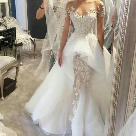 A-line Jewel Short Sleeves Court Train Tulle Wedding Dress with Beading Lace - Click Image to Close