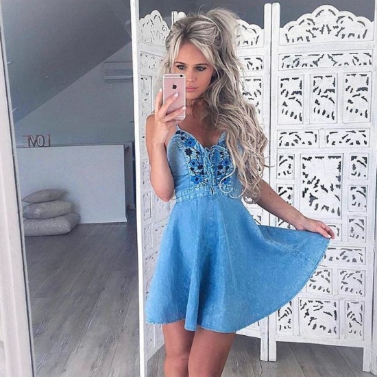 A-Line Spaghetti Straps Short Sky Blue Denim Homecoming Dress with Embroidery - Click Image to Close