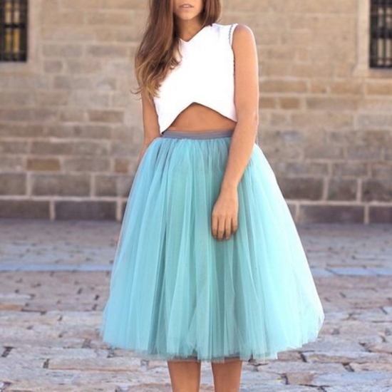 Two Piece V-Neck Mid-Calf Blue Tulle Homecoming Dress - Click Image to Close