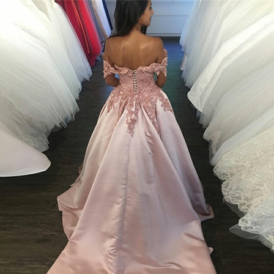 A-Line Off-the-Shoulder Court Train Blush Satin Prom Dress with Appliques - Click Image to Close