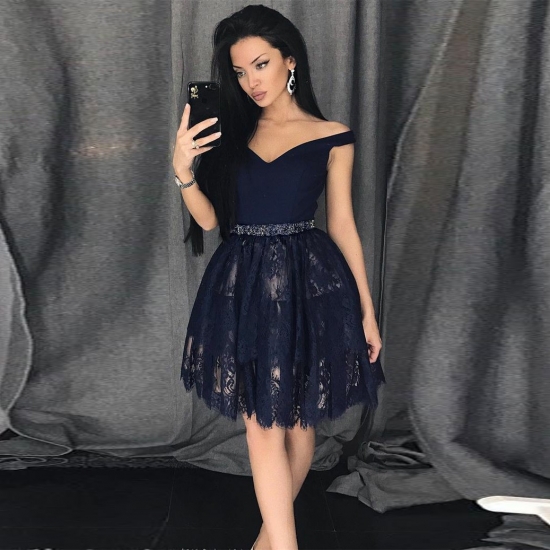 A-Line Off-the-Shoulder Short Navy Blue Lace Beaded Homecoming Dress - Click Image to Close