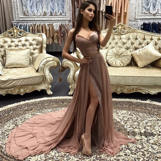 Two Piece Spaghetti Straps Court Train Blush Chiffon Prom Dress with Split - Click Image to Close