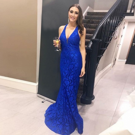 Mermaid Halter Sleeveless Backless Sweep Train Royal Blue Lace Prom Dress - Click Image to Close