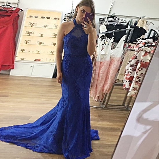 Mermaid Halter Backless Sweep Train Royal Blue Prom Dress with Appliques - Click Image to Close