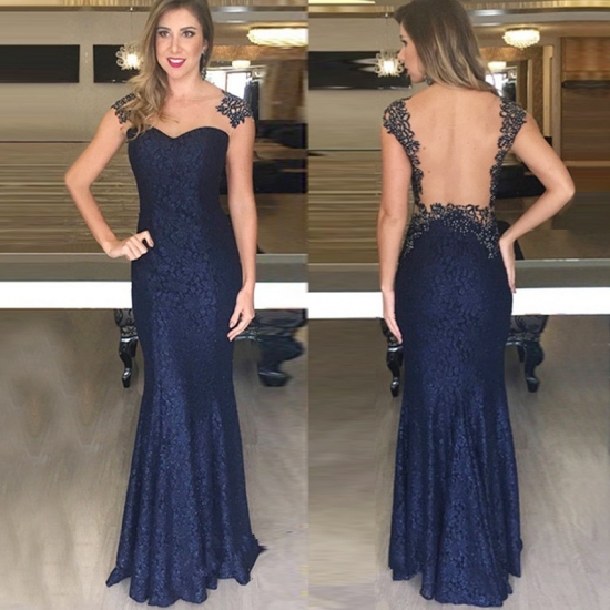 Mermaid Bateau Cap Sleeves Navy Blue Lace Prom Dress with Appliques - Click Image to Close