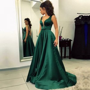 A-Line V-Neck Sweep Train Hunter Satin Prom Dress with Sash Pockets