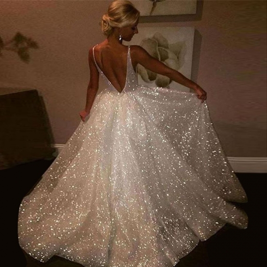 Ball Gown V-Neck Sleeveless Backless Sweep Train Wedding Dress with Sequins - Click Image to Close