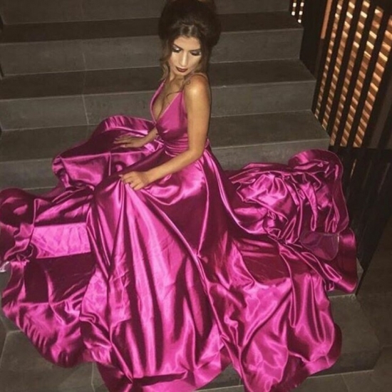 A-Line Deep V-Neck Backless Sweep Train Fuchsia Satin Prom Dress - Click Image to Close