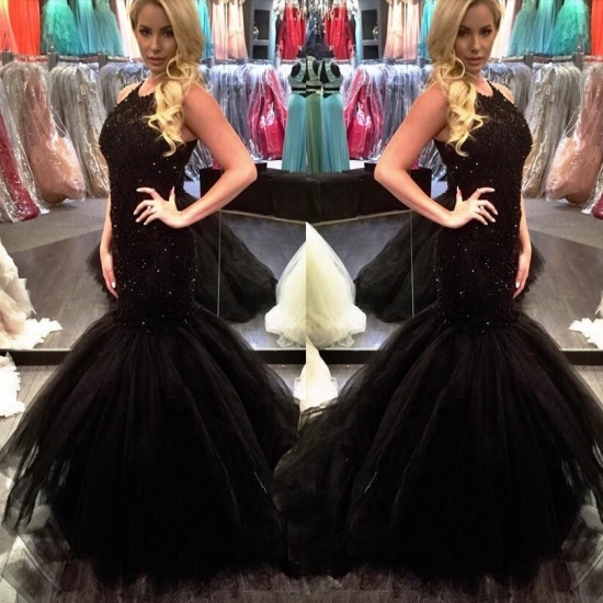 Sexy Long Mermaid Prom Dress - Black O-Neck Appliques with Beaded - Click Image to Close