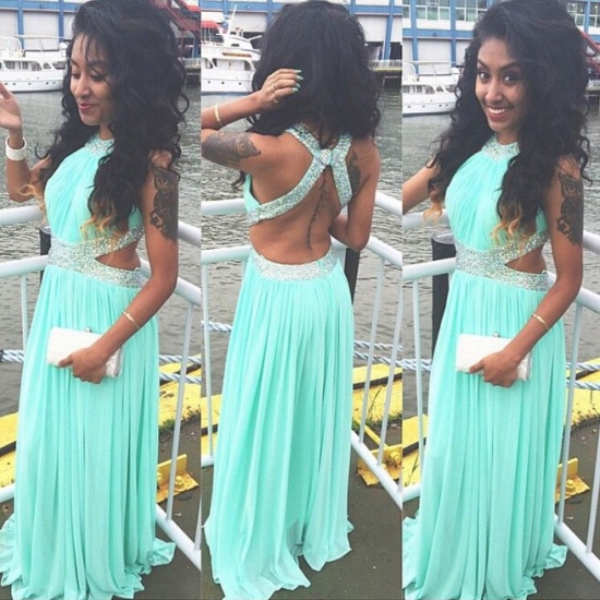 Sexy Long Prom Dress - Mint Green Halter with Beaded for Women - Click Image to Close