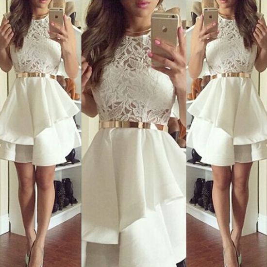 Chic Short Ivory Homecoming Dress with Sash Lace Top Tiered - Click Image to Close