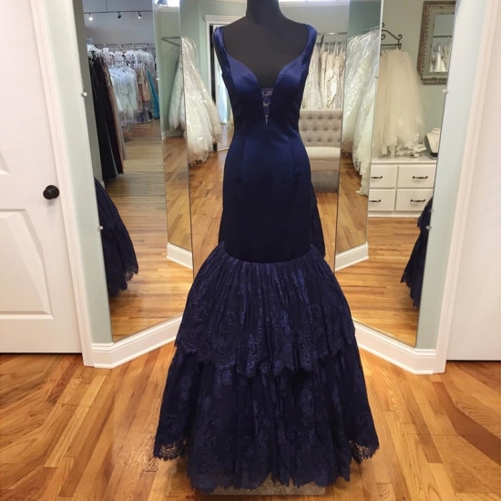 Fabulous Mermaid Navy Blue Prom Dress - V-neck Floor-Length Sleeveless with Tiered Lace - Click Image to Close