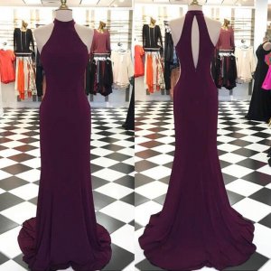 Simple Grape Prom Dress - Jewel Sleeveless Sweep Train Open Back