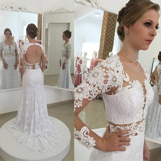 Modern Sheath Long Lace Wedding Dress - Scoop Long Sleeves Open Back with Pearls - Click Image to Close