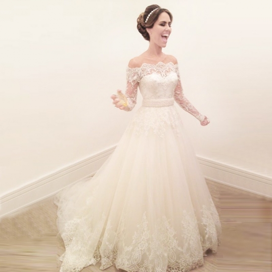 A-line Off-the-Shoulder Long Sleeves Sweep Train Appliques Wedding Dress - Click Image to Close