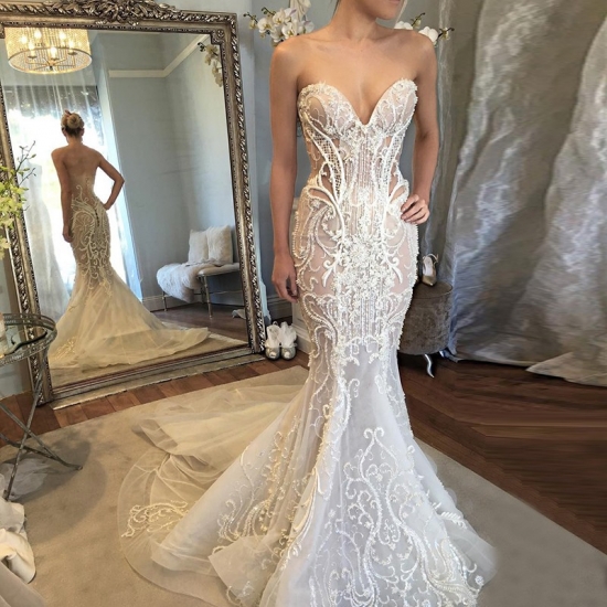 Mermaid Sweetheart Court Train Wedding Dress with Lace Beading - Click Image to Close