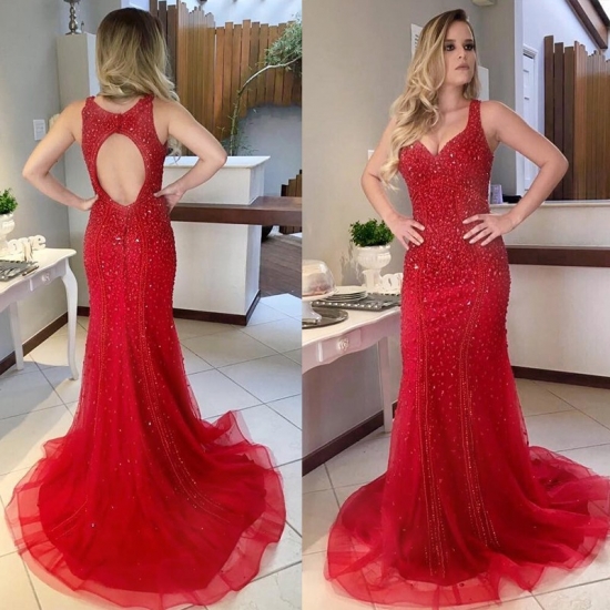 Red Sheath Scoop Sweep Train Open Back Prom Dress with Beading - Click Image to Close