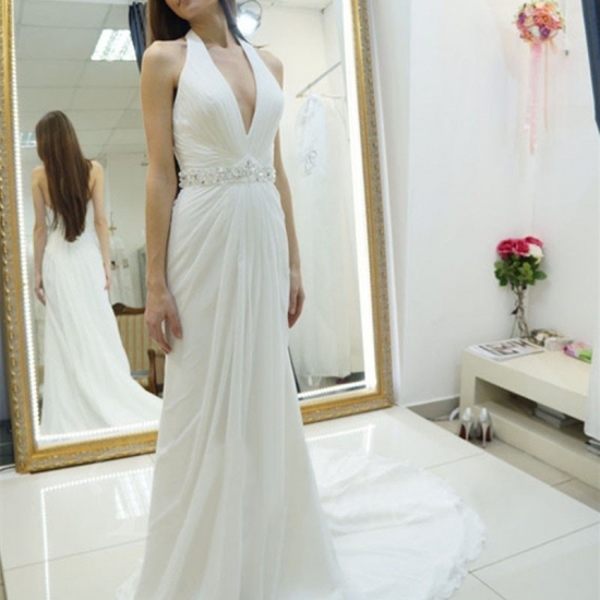 A-line Halter Backless Court Train Wedding Dress with Beading - Click Image to Close