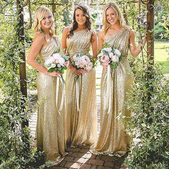 Sheath Bridesmaid Dress - One Shoulder Gold Sequined Sweep Train - Click Image to Close