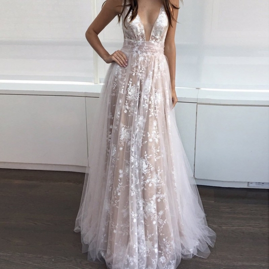 A-Line Deep V-Neck Long Backless Champagne Tulle Prom Dress with Lace - Click Image to Close