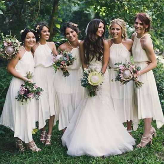 A-Line Asymmetrical Jewel White Chiffon Bridesmaid Dress Open Back - Click Image to Close