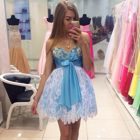 Ball Gown Sweetheart Short Blue Lace Beaded Homecoming Dress with Bowknot - Click Image to Close