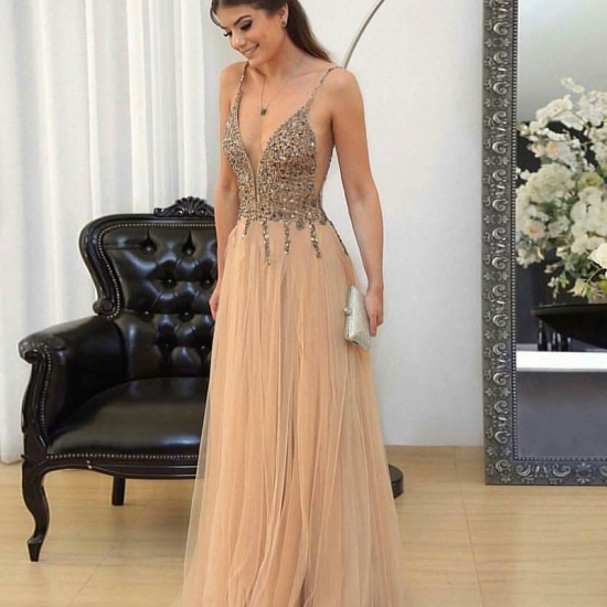 A-Line Spaghetti Straps Champagne Tulle Prom Dress with Beading - Click Image to Close