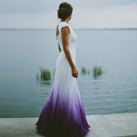 A-Line V-Neck Open Back Ombre Purple Chiffon Wedding Dress with Lace - Click Image to Close