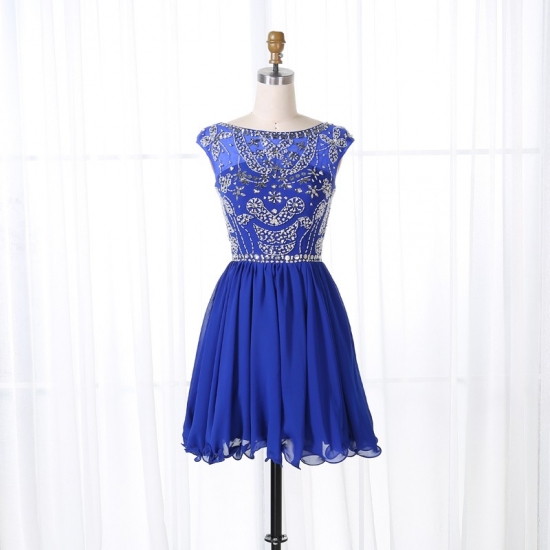 A-Line Bateau Cap Sleeves Short Royal Blue Beaded Chiffon Homecoming Dress - Click Image to Close