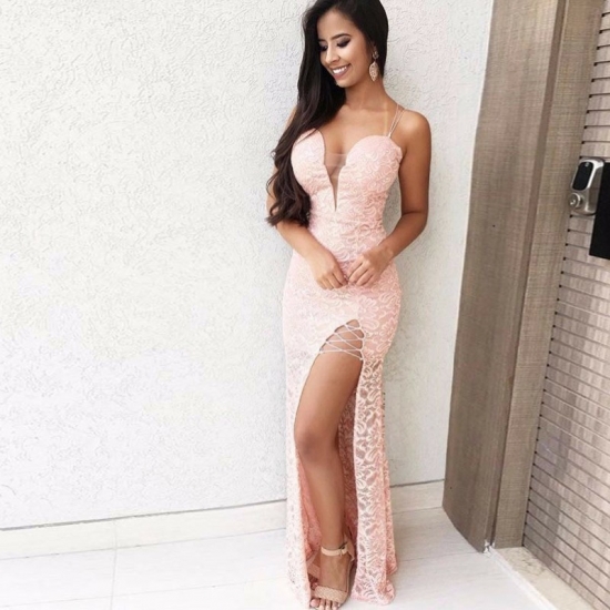 Sheath Spaghetti Straps Floor-Length Pink Lace Prom Dress with Split - Click Image to Close