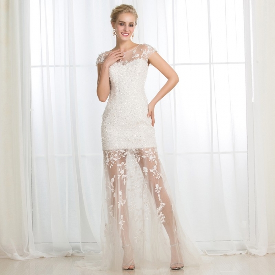 Sheath Bateau Cap Sleeves Wedding Dress with Sequins Appliques - Click Image to Close