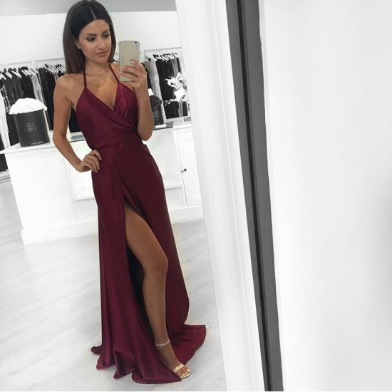 A-Line Halter Backless Sweep Train Burgundy Prom Dress with Split - Click Image to Close