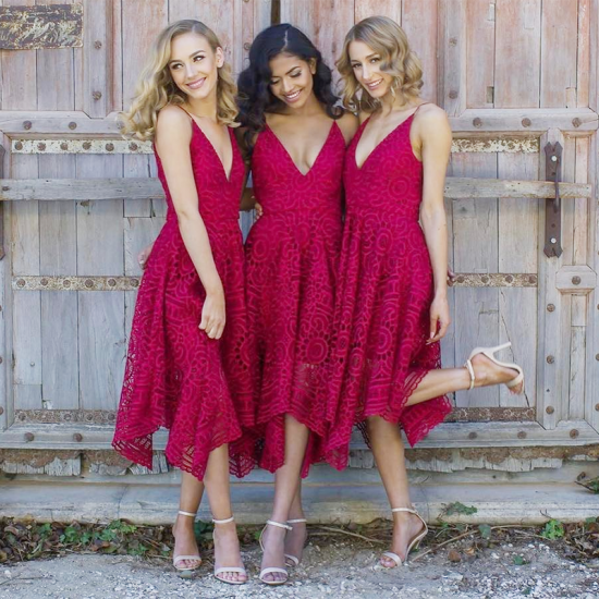 A-Line Spaghetti Straps Asymmetrical Red Lace Bridesmaid Dress - Click Image to Close