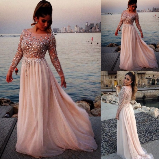 High Quality Prom/Evening Dress - Nude Pink Scoop Long Sleeves with Sequins - Click Image to Close