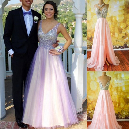 Fashionable V Neck Sleeveless Backless Pink Prom/Evening Dress with Rhinestone - Click Image to Close