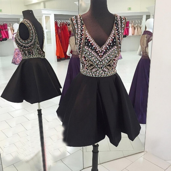 High Quality V-neck Short Black Homecoming Dress with Beading Backless - Click Image to Close