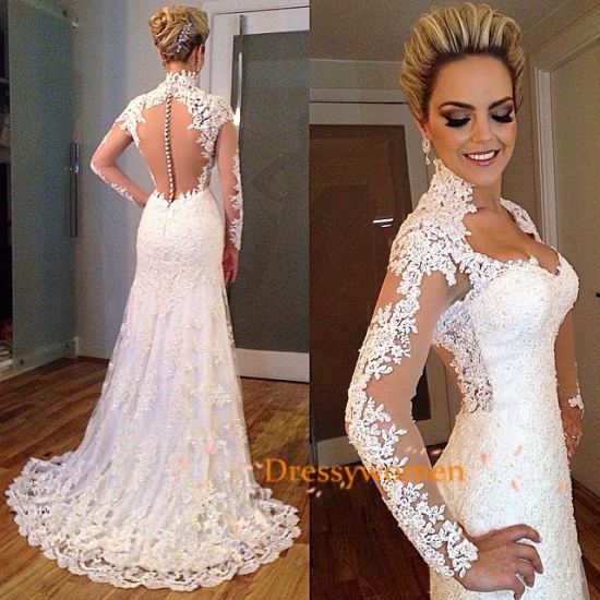 Sheath Elegant Style Hall Neck See through Back Lace Bridal Gown / Sexy Wedding Dresses CHWD-30231 with Appliques - Click Image to Close