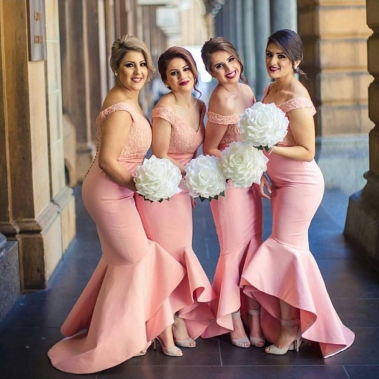 High Quality Mermaid Bridesmaid Dress - Pink Off Shoulder Hi-Low with Ruffles Lace Top - Click Image to Close