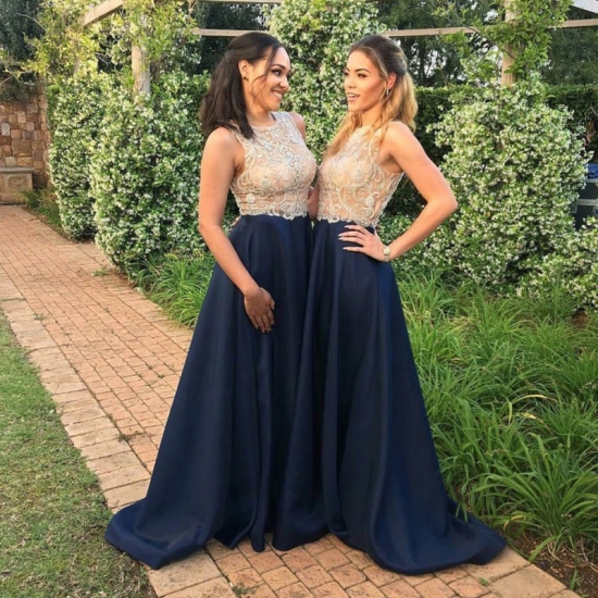 Crispy Navy Blue Prom Dress - Jewel Sleeveless Sweep Train with Beading - Click Image to Close