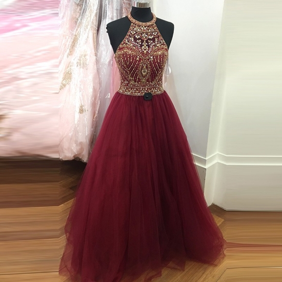 Burgundy A-line Beading Jewel Sleeveless Sweep Train Prom Dress - Click Image to Close