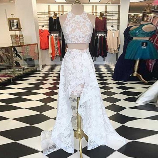 Two Piece High Low Jewel White Lace Prom Homecoming Dress - Click Image to Close